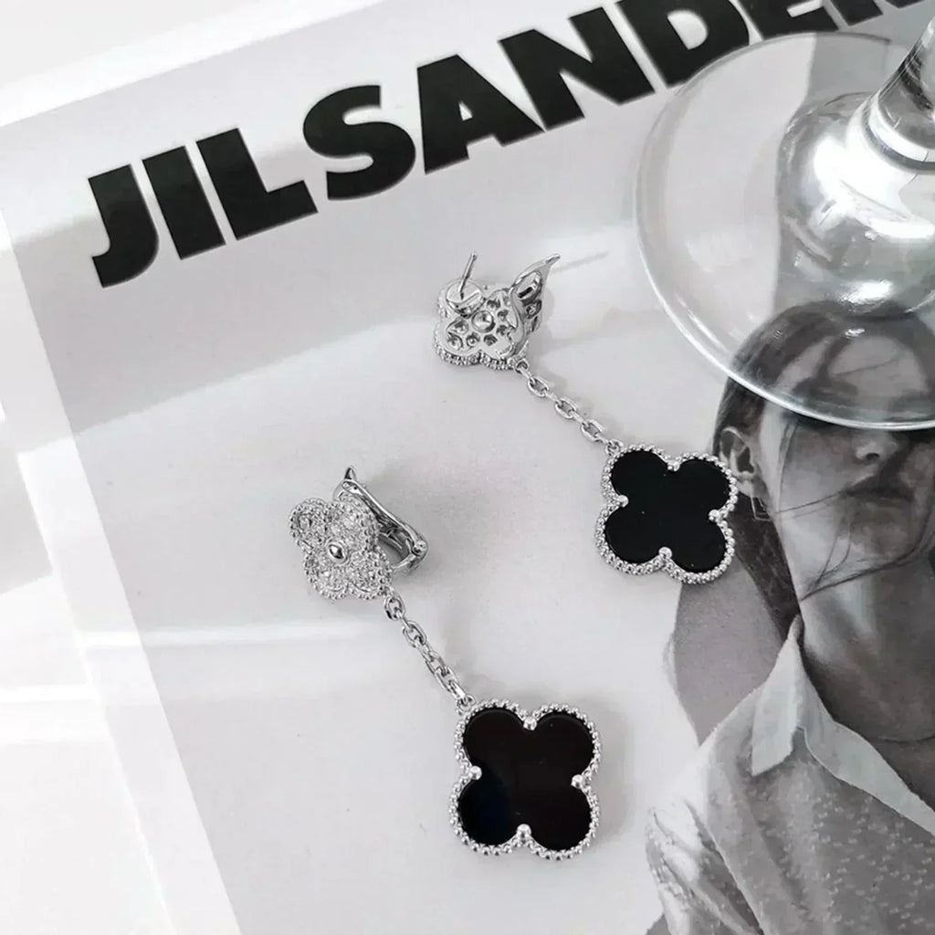 Lumi® Ohrringe mit Kleeblattmotiven, Diamant und Onyx, Silber