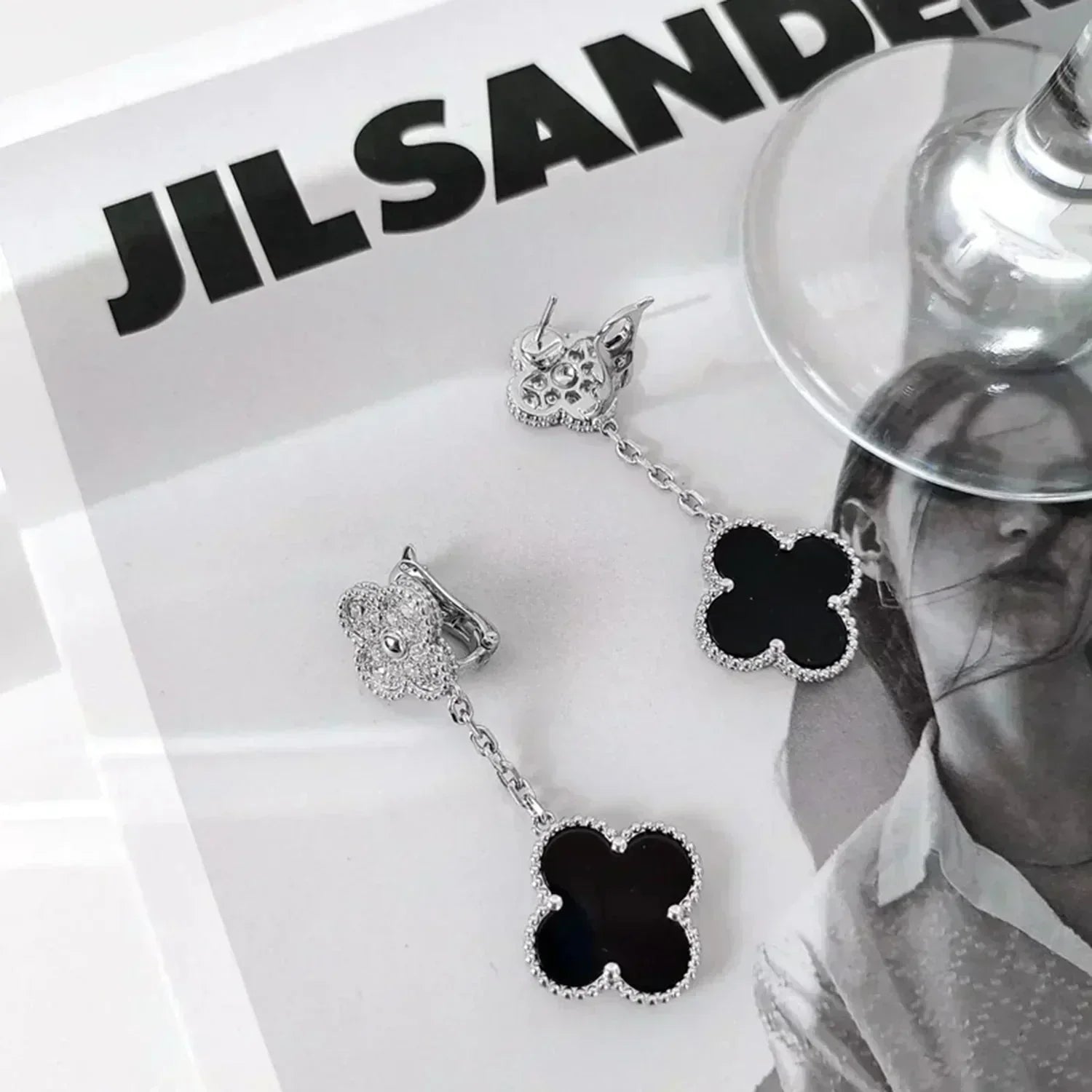 Lumi® Ohrringe mit Kleeblattmotiven, Diamant und Onyx, Silber