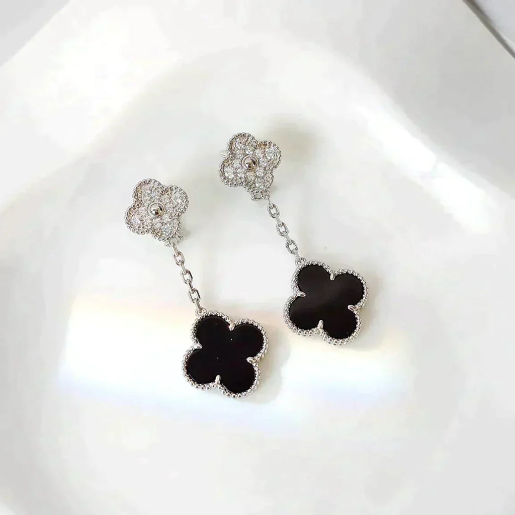 Lumi® Ohrringe mit Kleeblattmotiven, Diamant und Onyx, Silber