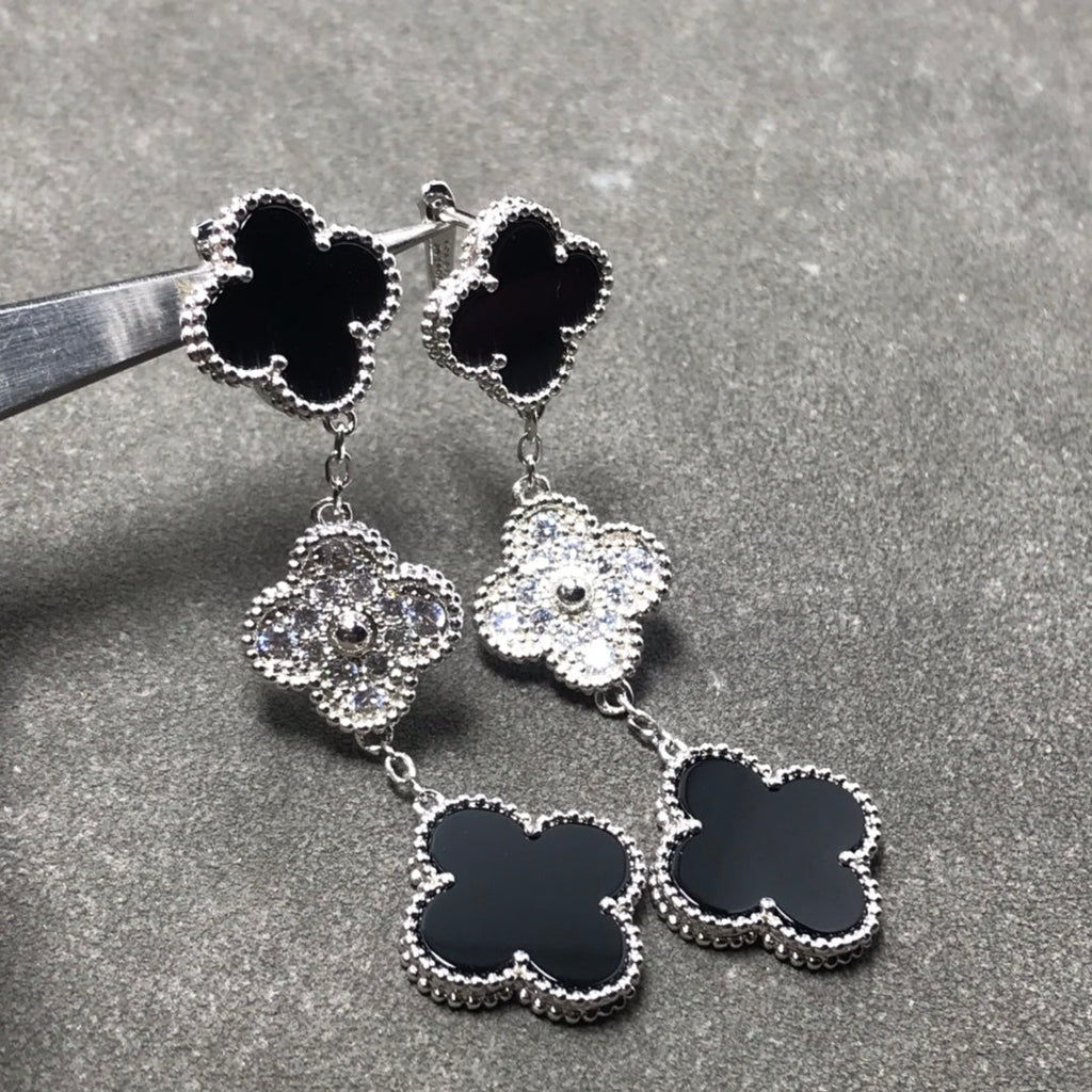 ¡®Lumi¡¯CLOVER 3 MOTIF DIAMOND ONYX SILVER EARRINGS
