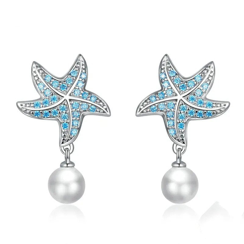 Ozeanblaue Zirkon-Seestern-Ohrstecker, Muschelperlen-Ohrhänger