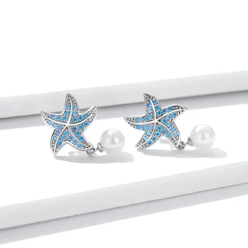 Ozeanblaue Zirkon-Seestern-Ohrstecker, Muschelperlen-Ohrhänger