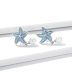 Ozeanblaue Zirkon-Seestern-Ohrstecker, Muschelperlen-Ohrhänger