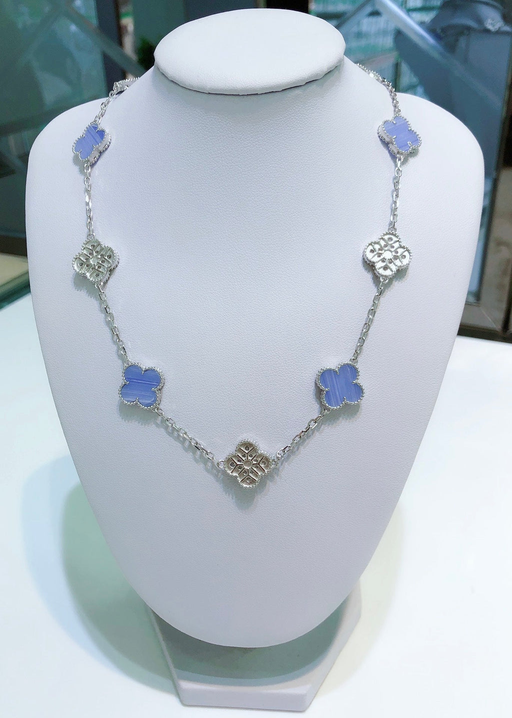 ¡®Lumi¡¯CLOVER 10 MOTIFS CHALCEDONY DIAMONDS SILVER NECKLACE
